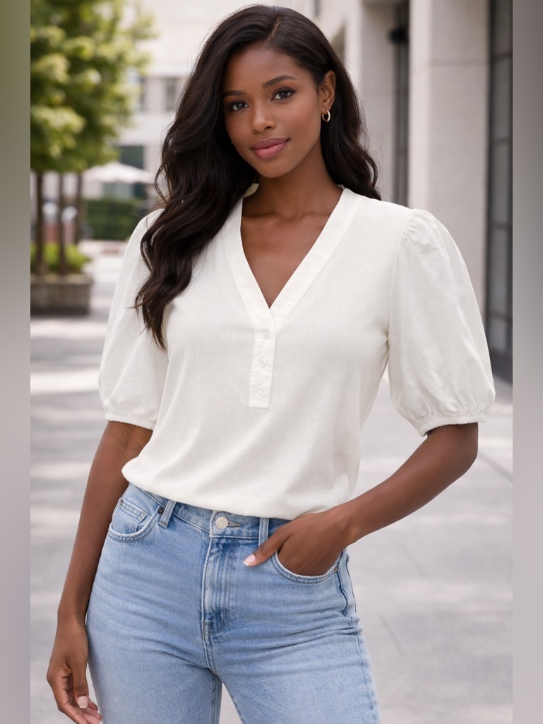 Avec Les Filles White Puff Sleeve Blouse V-Neck Button Front Sz M